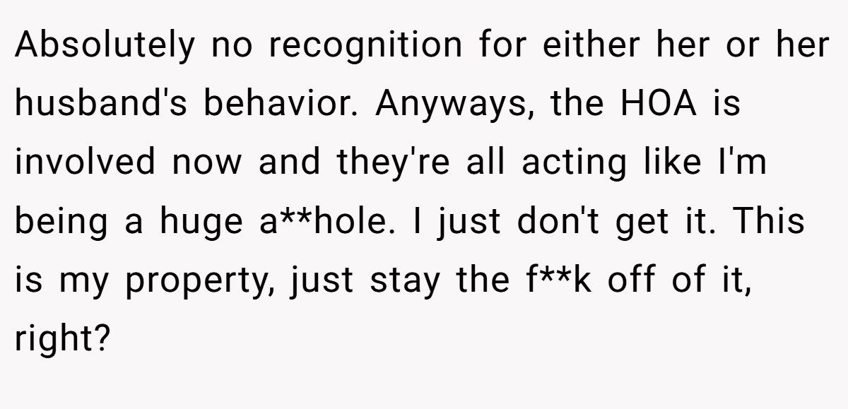 Absolutely no recognition for either her or her husband's behavior. Anyways, the HOA is involved now and they're all acting like I'm being a huge a**hole. I just don't get it. This is my property, just stay the f**k off of it, right?