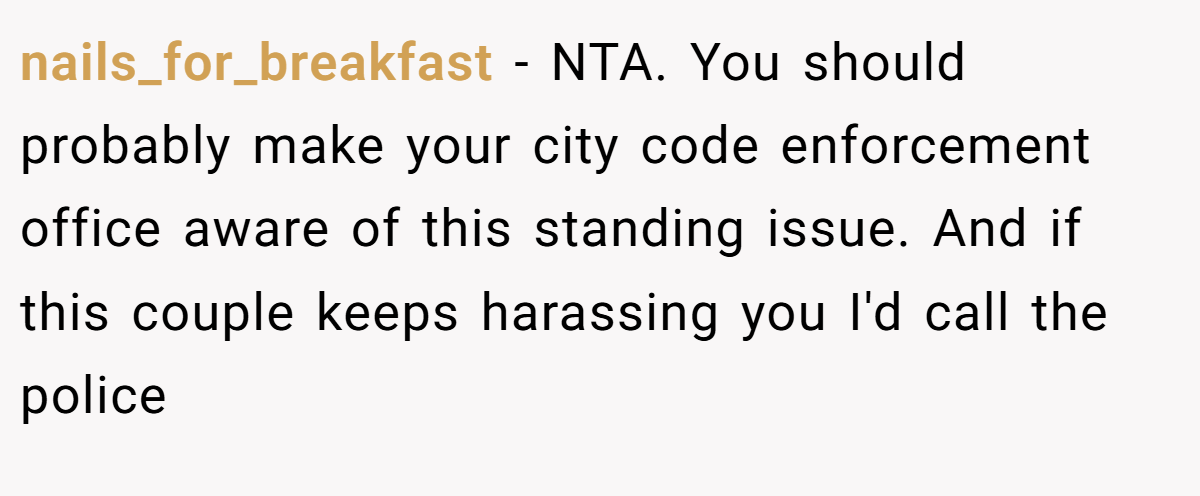 nails_for_breakfast - NTA. You should probably make your city code enforcement office aware of this standing issue. And if this couple keeps harassing you I'd call the police