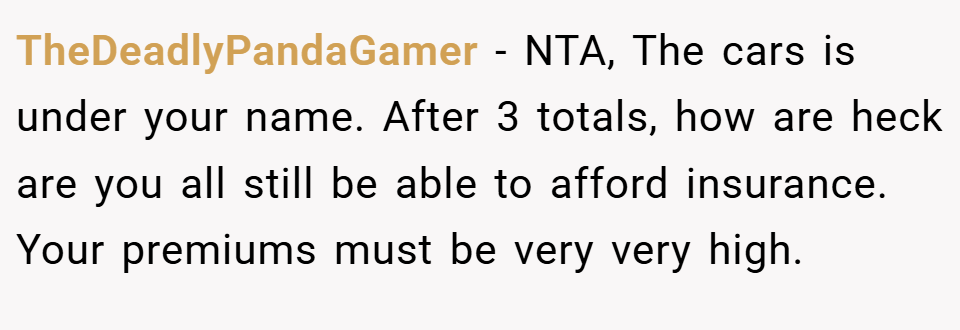 TheDeadlyPandaGamer − NTA, The cars is under your name. After 3 totals, how are heck are you all still be able to afford insurance. Your premiums must be very very high.