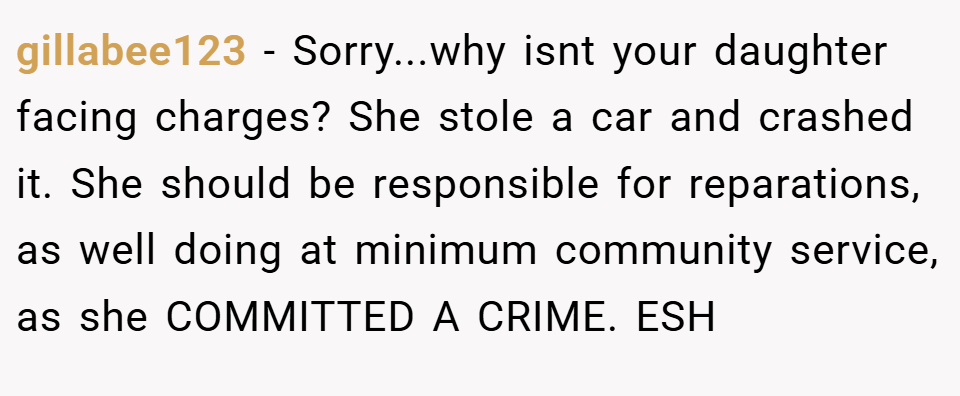 gillabee123 − Sorry...why isnt your daughter facing charges? She stole a car and crashed it. She should be responsible for reparations, as well doing at minimum community service, as she COMMITTED A CRIME. ESH