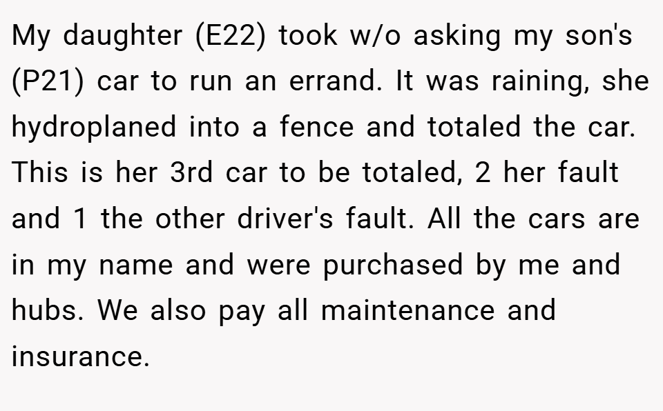 My daughter (E22) took w/o asking my son's (P21) car to run an errand. It was raining, she hydroplaned into a fence and totaled the car. This is her 3rd car to be totaled, 2 her fault and 1 the other driver's fault. All the cars are in my name and were purchased by me and hubs. We also pay all maintenance and insurance.