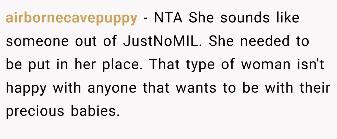 airbornecavepuppy - NTA She sounds like someone out of JustNoMIL. She needed to be put in her place. That type of woman isn't happy with anyone that wants to be with their precious babies.