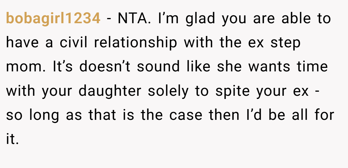 bobagirl1234 - NTA. I’m glad you are able to have a civil relationship with the ex step mom. It’s doesn’t sound like she wants time with your daughter solely to spite your ex - so long as that is the case then I’d be all for it.