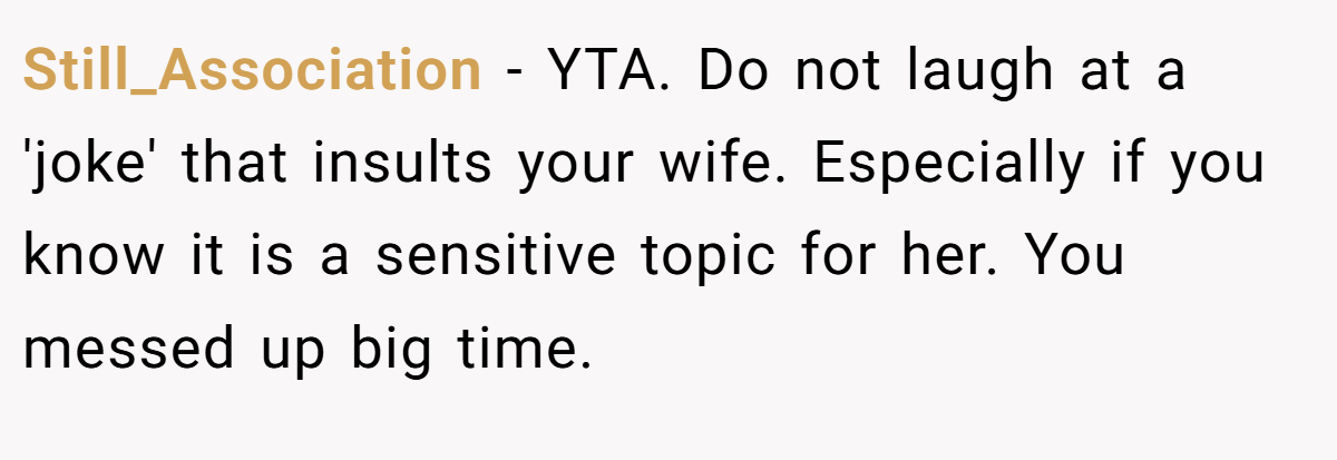 Still_Association − YTA. Do not laugh at a 'joke' that insults your wife. Especially if you know it is a sensitive topic for her. You messed up big time.