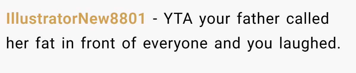 IllustratorNew8801 − YTA your father called her fat in front of everyone and you laughed.