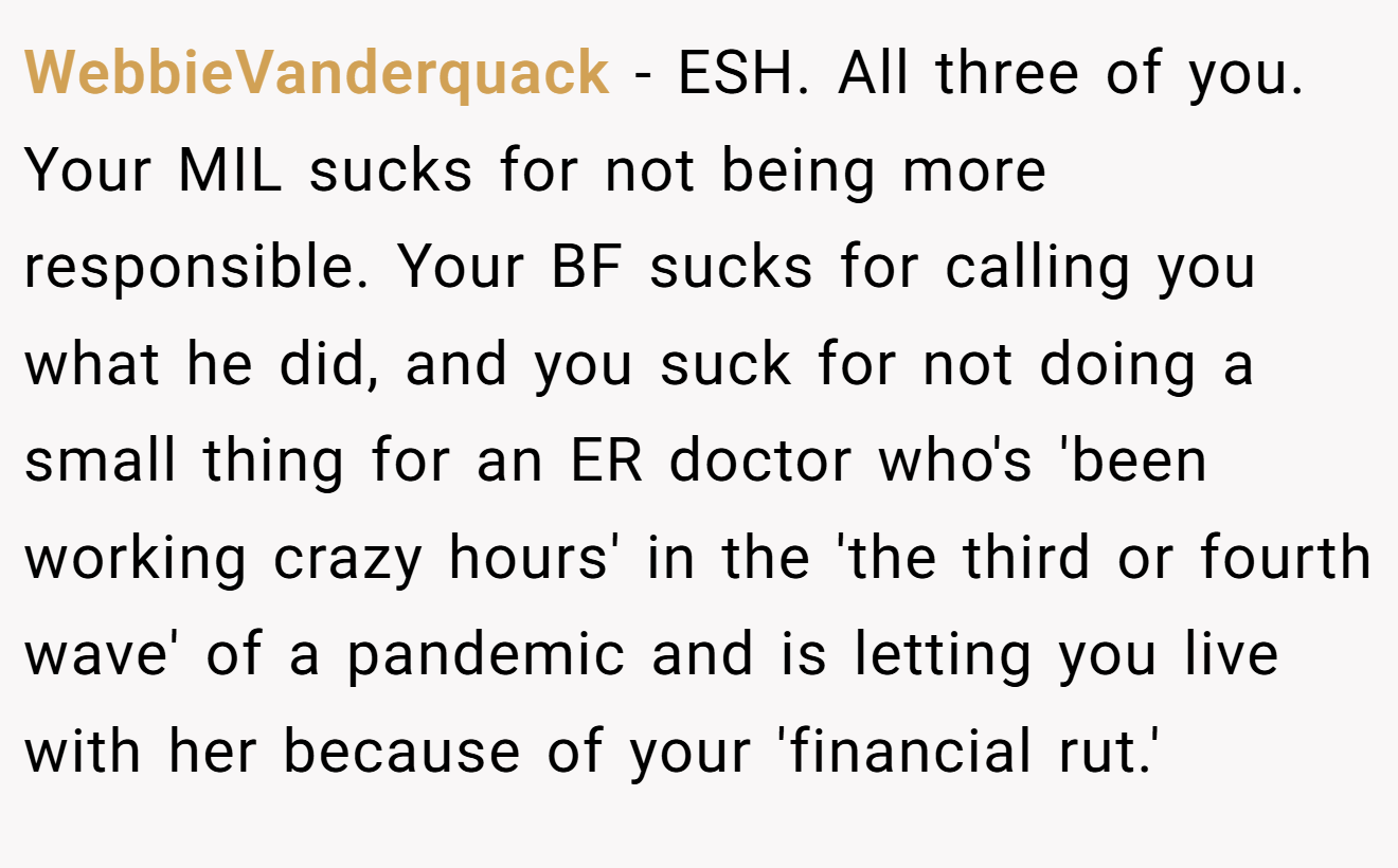 WebbieVanderquack - ESH. All three of you. Your MIL sucks for not being more responsible. Your BF sucks for calling you what he did, and you suck for not doing a small thing for an ER doctor who's 'been working crazy hours' in the 'the third or fourth wave' of a pandemic and is letting you live with her because of your 'financial rut.'