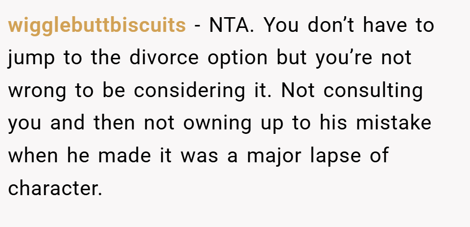 wigglebuttbiscuits − NTA. You don’t have to jump to the divorce option but you’re not wrong to be considering it. Not consulting you and then not owning up to his mistake when he made it was a major lapse of character.