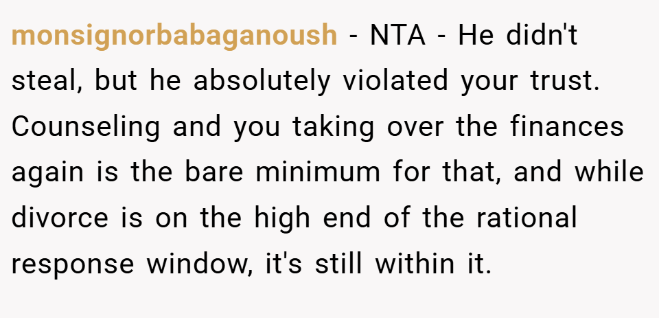 monsignorbabaganoush − NTA - He didn't steal, but he absolutely violated your trust. Counseling and you taking over the finances again is the bare minimum for that, and while divorce is on the high end of the rational response window, it's still within it.