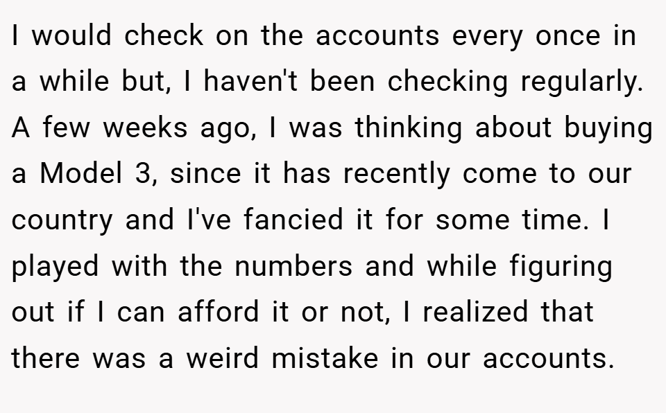 I would check on the accounts every once in a while but, I haven't been checking regularly. A few weeks ago, I was thinking about buying a Model 3, since it has recently come to our country and I've fancied it for some time. I played with the numbers and while figuring out if I can afford it or not, I realized that there was a weird mistake in our accounts.