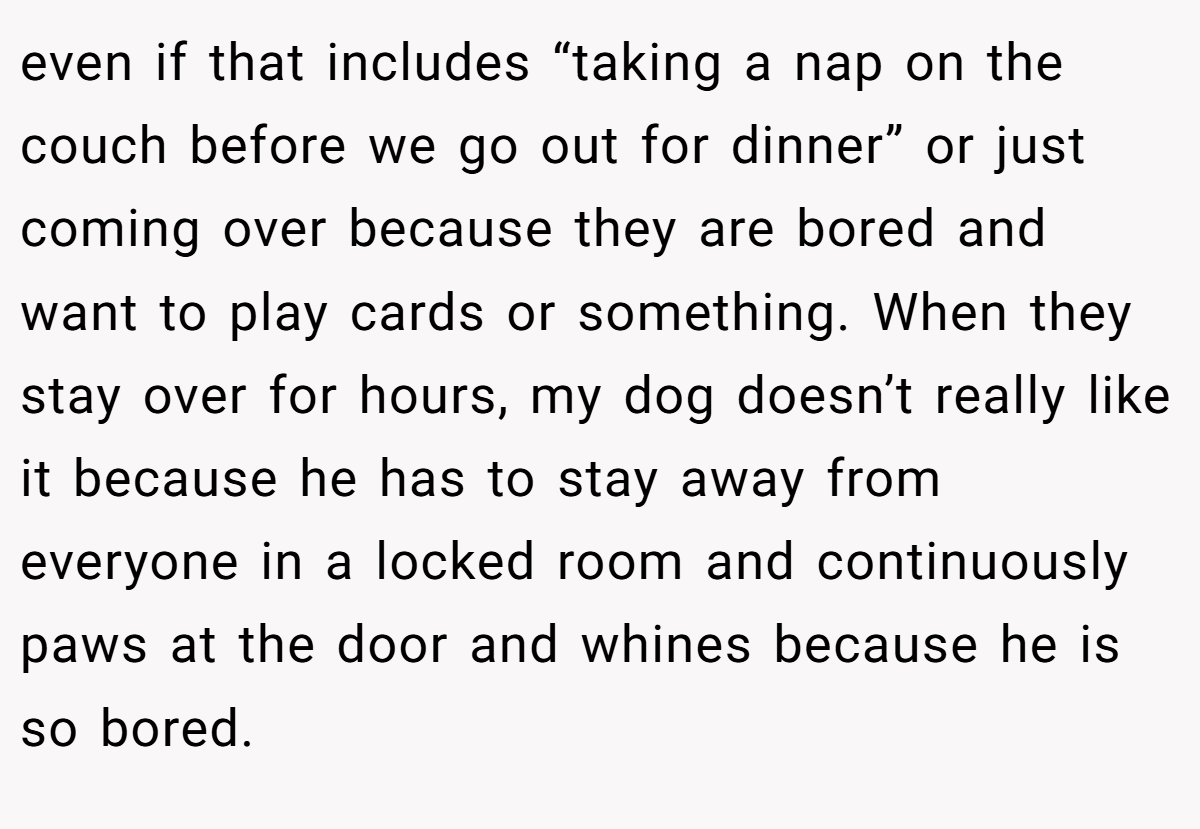 even if that includes “taking a nap on the couch before we go out for dinner” or just coming over because they are bored and want to play cards or something. When they stay over for hours, my dog doesn’t really like it because he has to stay away from everyone in a locked room and continuously paws at the door and whines because he is so bored.