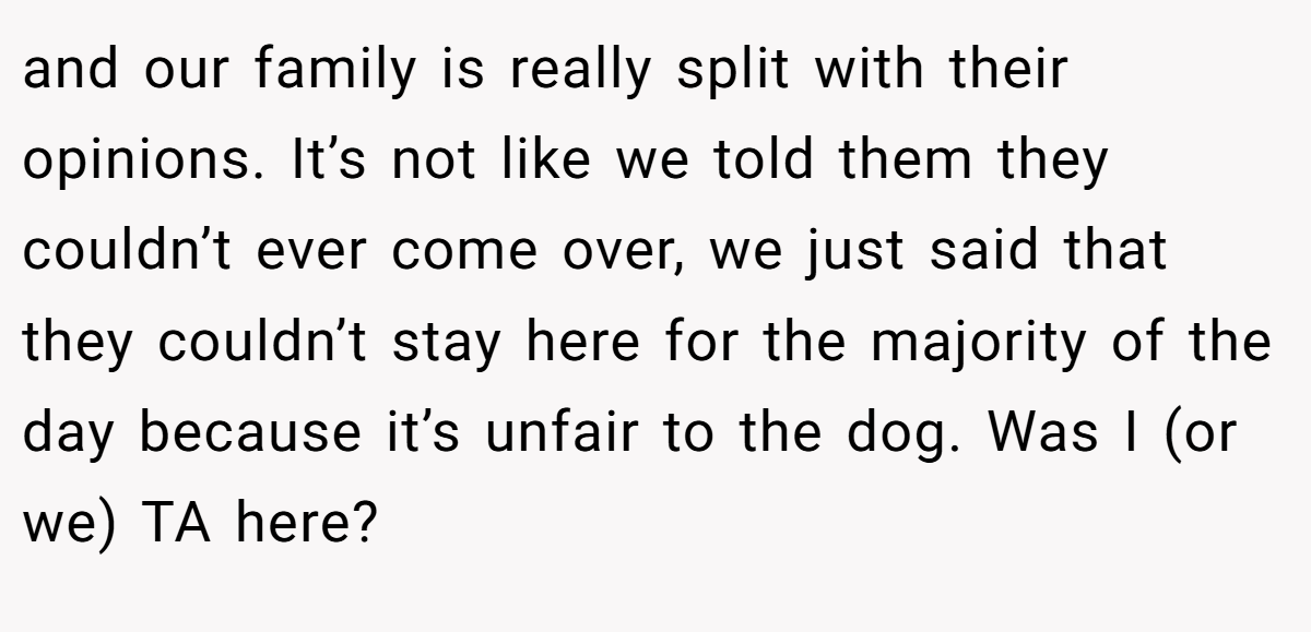 and our family is really split with their opinions. It’s not like we told them they couldn’t ever come over, we just said that they couldn’t stay here for the majority of the day because it’s unfair to the dog. Was I (or we) TA here?