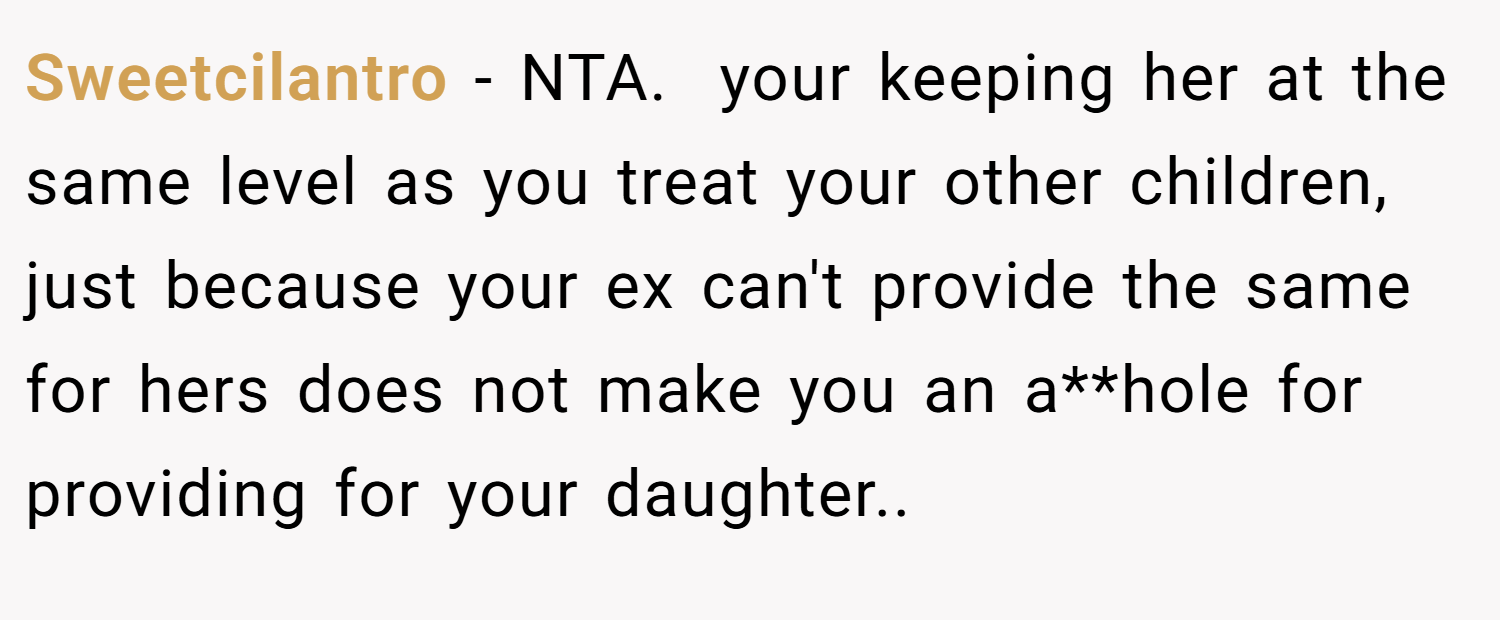 Sweetcilantro − NTA. ​ your keeping her at the same level as you treat your other children, just because your ex can't provide the same for hers does not make you an a**hole for providing for your daughter.. ​