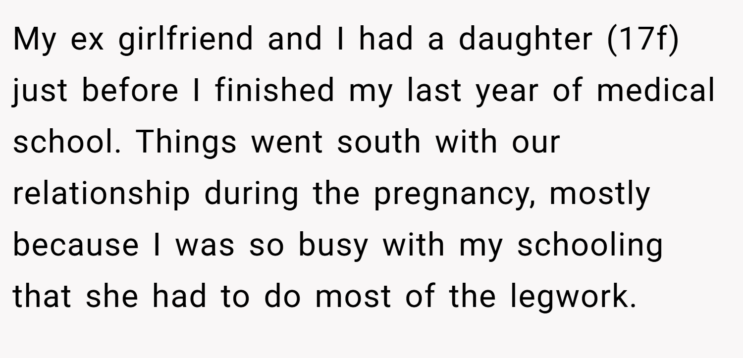 My ex girlfriend and I had a daughter (17f) just before I finished my last year of medical school. Things went south with our relationship during the pregnancy, mostly because I was so busy with my schooling that she had to do most of the legwork.