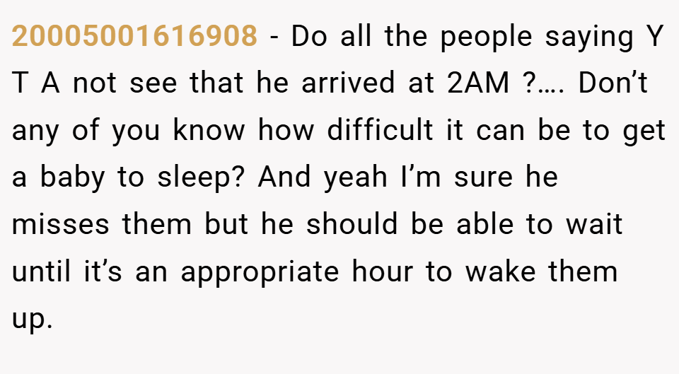 20005001616908 − Do all the people saying Y T A not see that he arrived at 2AM ?…. Don’t any of you know how difficult it can be to get a baby to sleep? And yeah I’m sure he misses them but he should be able to wait until it’s an appropriate hour to wake them up.