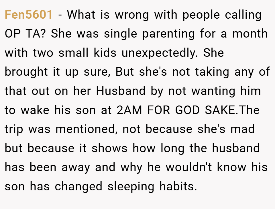 Fen5601 − What is wrong with people calling OP TA? She was single parenting for a month with two small kids unexpectedly. She brought it up sure, But she's not taking any of that out on her Husband by not wanting him to wake his son at 2AM FOR GOD SAKE.The trip was mentioned, not because she's mad but because it shows how long the husband has been away and why he wouldn't know his son has changed sleeping habits.