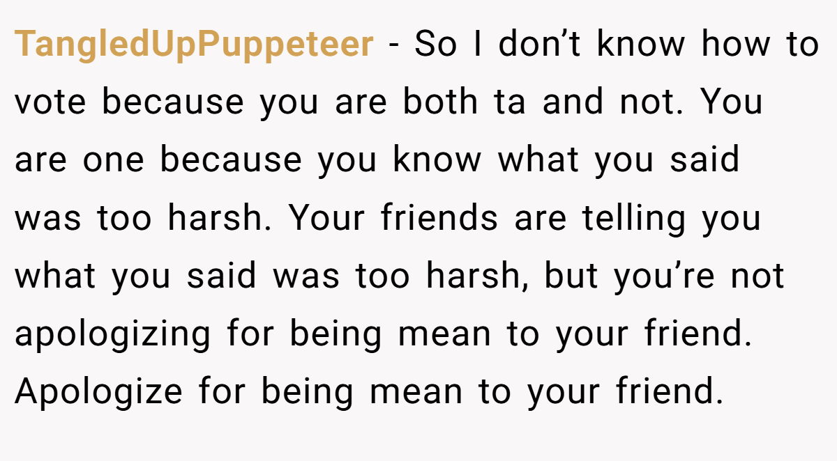 TangledUpPuppeteer − So I don’t know how to vote because you are both ta and not. You are one because you know what you said was too harsh. Your friends are telling you what you said was too harsh, but you’re not apologizing for being mean to your friend. Apologize for being mean to your friend.