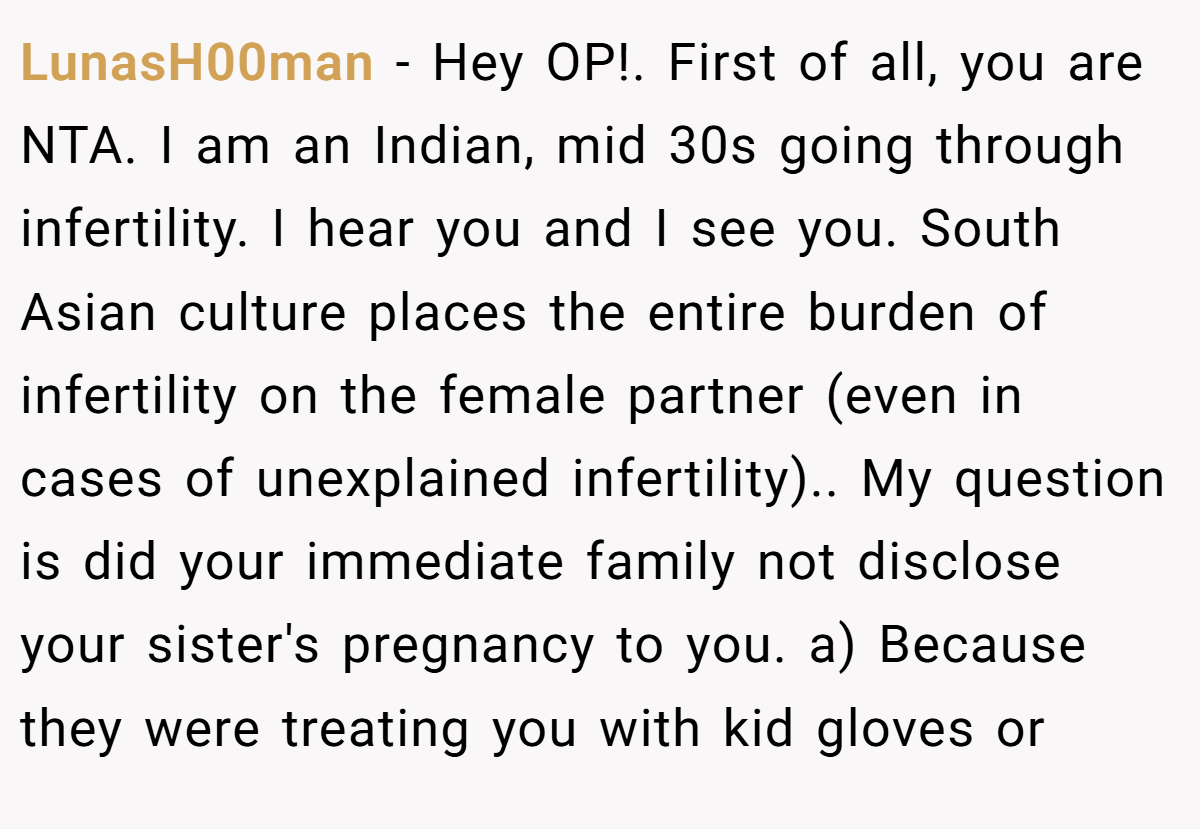 LunasH00man − Hey OP!. First of all, you are NTA. I am an Indian, mid 30s going through infertility. I hear you and I see you. South Asian culture places the entire burden of infertility on the female partner (even in cases of unexplained infertility).. My question is did your immediate family not disclose your sister's pregnancy to you. a) Because they were treating you with kid gloves or