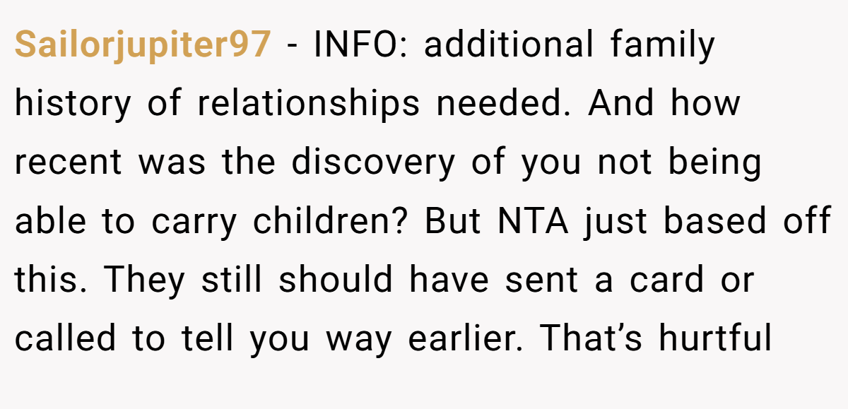 Sailorjupiter97 − INFO: additional family history of relationships needed. And how recent was the discovery of you not being able to carry children? But NTA just based off this. They still should have sent a card or called to tell you way earlier. That’s hurtful