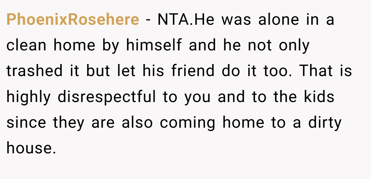 PhoenixRosehere - NTA.He was alone in a clean home by himself and he not only trashed it but let his friend do it too. That is highly disrespectful to you and to the kids since they are also coming home to a dirty house.