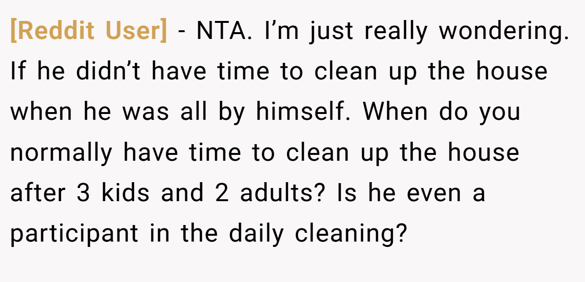 [Reddit User] - NTA. I’m just really wondering. If he didn’t have time to clean up the house when he was all by himself. When do you normally have time to clean up the house after 3 kids and 2 adults? Is he even a participant in the daily cleaning?