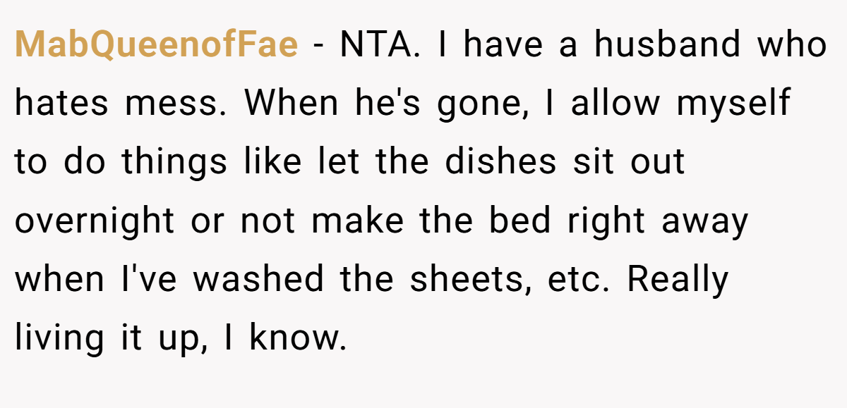MabQueenofFae - NTA. I have a husband who hates mess. When he's gone, I allow myself to do things like let the dishes sit out overnight or not make the bed right away when I've washed the sheets, etc. Really living it up, I know.