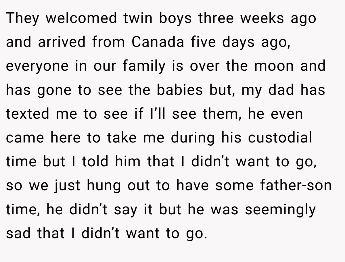 They welcomed twin boys three weeks ago and arrived from Canada five days ago, everyone in our family is over the moon and has gone to see the babies but, my dad has texted me to see if I’ll see them, he even came here to take me during his custodial time but I told him that I didn’t want to go, so we just hung out to have some father-son time, he didn’t say it but he was seemingly sad that I didn’t want to go.