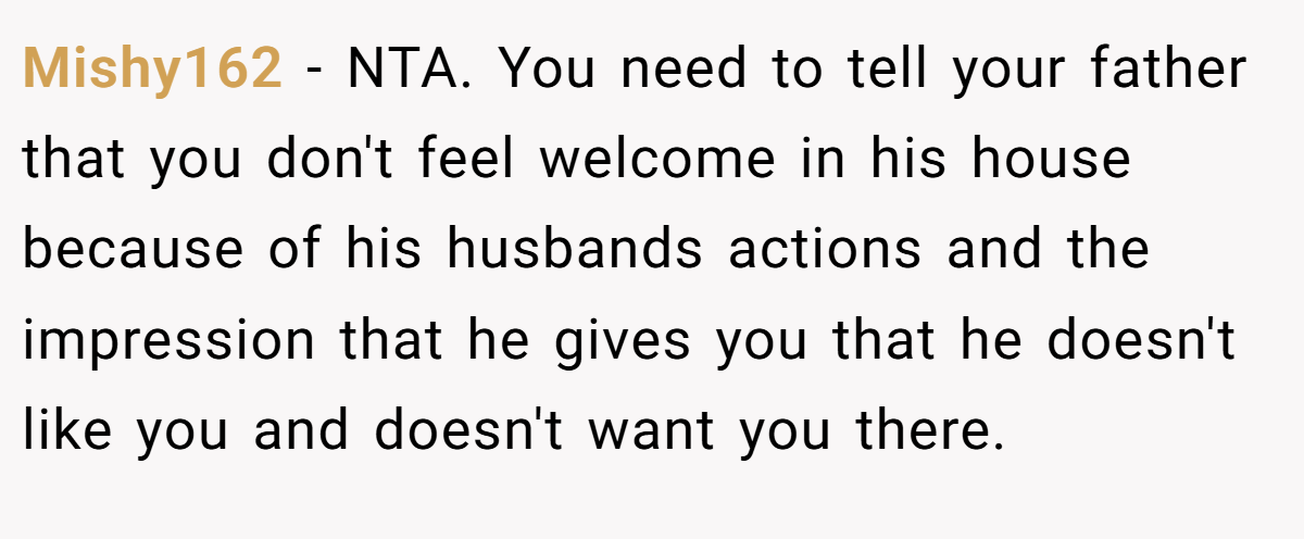 Mishy162 − NTA. You need to tell your father that you don't feel welcome in his house because of his husbands actions and the impression that he gives you that he doesn't like you and doesn't want you there.
