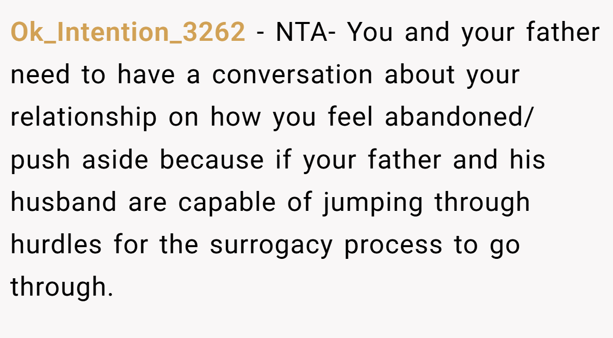 Ok_Intention_3262 − NTA- You and your father need to have a conversation about your relationship on how you feel abandoned/ push aside because if your father and his husband are capable of jumping through hurdles for the surrogacy process to go through.