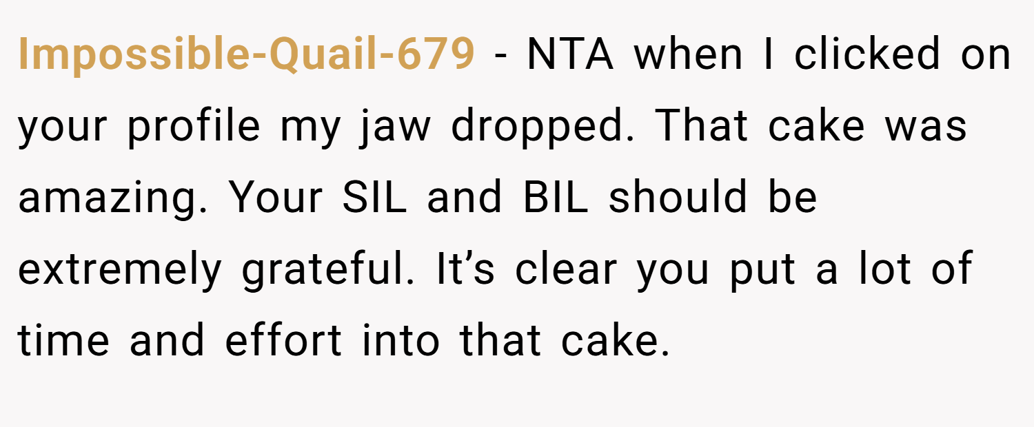 Impossible-Quail-679 − NTA when I clicked on your profile my jaw dropped. That cake was amazing. Your SIL and BIL should be extremely grateful. It’s clear you put a lot of time and effort into that cake.