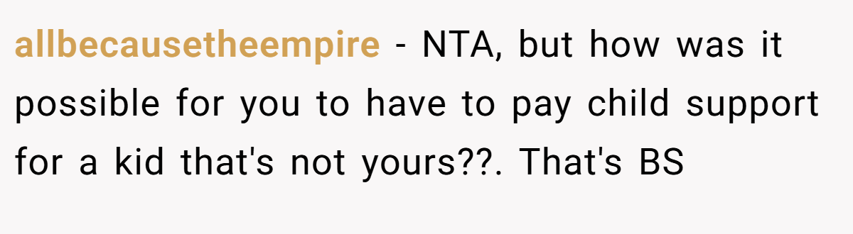 allbecausetheempire − NTA, but how was it possible for you to have to pay child support for a kid that's not yours??. That's BS