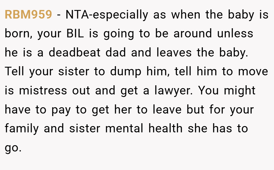 RBM959 − NTA-especially as when the baby is born, your BIL is going to be around unless he is a deadbeat dad and leaves the baby. Tell your sister to dump him, tell him to move is mistress out and get a lawyer. You might have to pay to get her to leave but for your family and sister mental health she has to go.