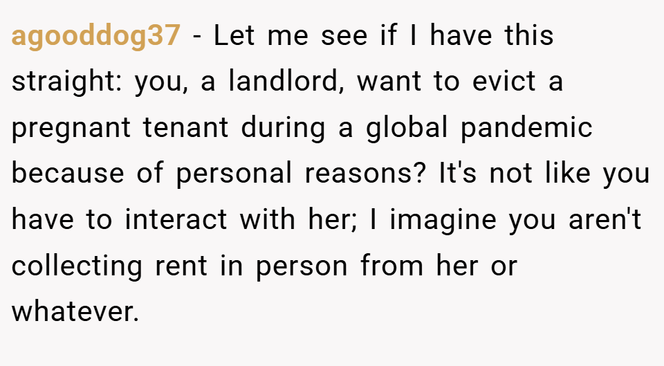 agooddog37 − Let me see if I have this straight: you, a landlord, want to evict a pregnant tenant during a global pandemic because of personal reasons? It's not like you have to interact with her; I imagine you aren't collecting rent in person from her or whatever.