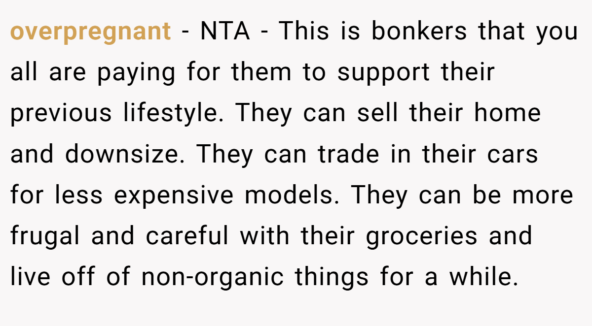 overpregnant − NTA - This is bonkers that you all are paying for them to support their previous lifestyle. They can sell their home and downsize. They can trade in their cars for less expensive models. They can be more frugal and careful with their groceries and live off of non-organic things for a while.