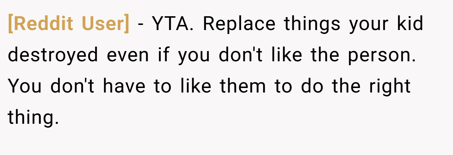 [Reddit User] − YTA. Replace things your kid destroyed even if you don't like the person. You don't have to like them to do the right thing.