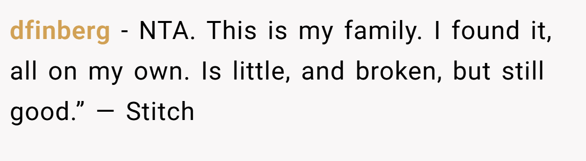 dfinberg − NTA. This is my family. I found it, all on my own. Is little, and broken, but still good.” — Stitch