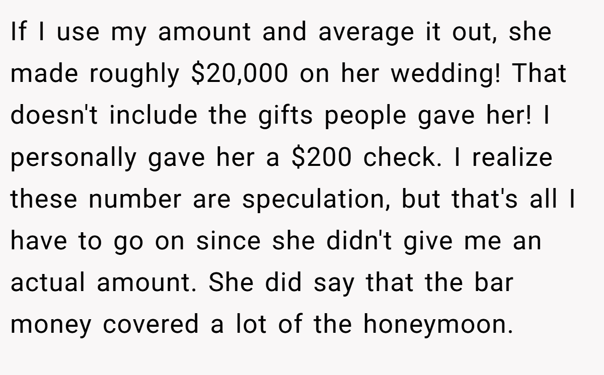 If I use my amount and average it out, she made roughly $20,000 on her wedding! That doesn't include the gifts people gave her! I personally gave her a $200 check. I realize these number are speculation, but that's all I have to go on since she didn't give me an actual amount. She did say that the bar money covered a lot of the honeymoon.