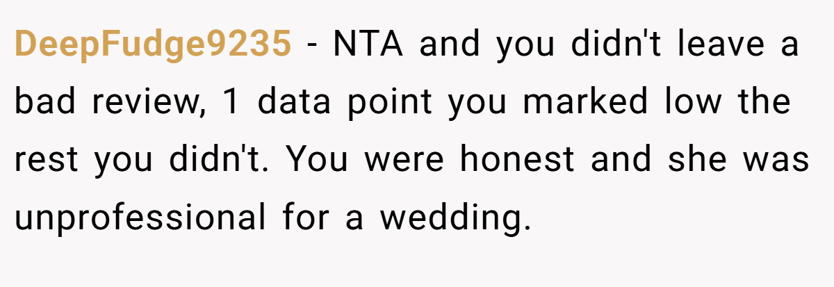 DeepFudge9235 − NTA and you didn't leave a bad review, 1 data point you marked low the rest you didn't. You were honest and she was unprofessional for a wedding.
