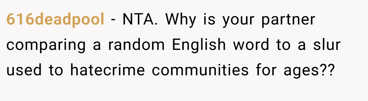 616deadpool - NTA. Why is your partner comparing a random English word to a slur used to hatecrime communities for ages??
