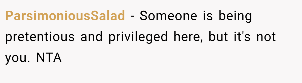 ParsimoniousSalad - Someone is being pretentious and privileged here, but it's not you. NTA