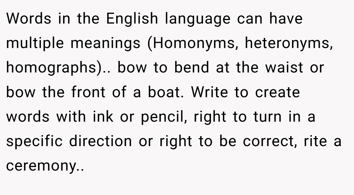 Words in the English language can have multiple meanings (Homonyms, heteronyms, homographs).. bow to bend at the waist or bow the front of a boat. Write to create words with ink or pencil, right to turn in a specific direction or right to be correct, rite a ceremony..
