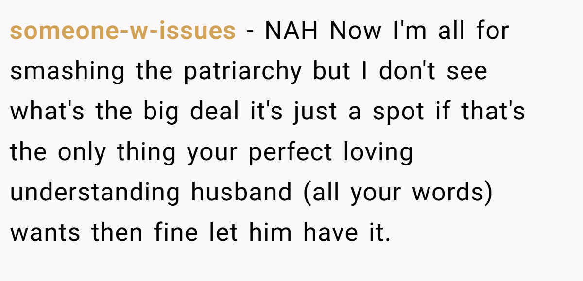 someone-w-issues − NAH Now I'm all for smashing the patriarchy but I don't see what's the big deal it's just a spot if that's the only thing your perfect loving understanding husband (all your words) wants then fine let him have it.