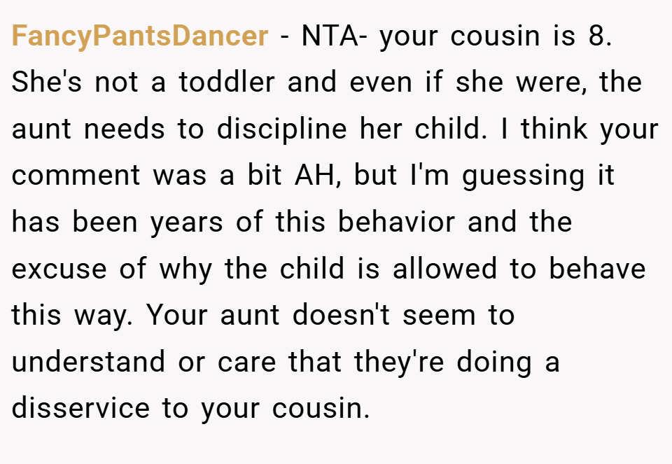 FancyPantsDancer − NTA- your cousin is 8. She's not a toddler and even if she were, the aunt needs to discipline her child. I think your comment was a bit AH, but I'm guessing it has been years of this behavior and the excuse of why the child is allowed to behave this way. Your aunt doesn't seem to understand or care that they're doing a disservice to your cousin.