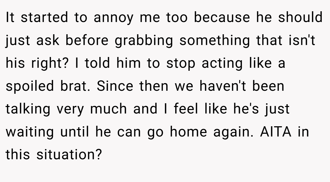 It started to annoy me too because he should just ask before grabbing something that isn't his right? I told him to stop acting like a spoiled brat. Since then we haven't been talking very much and I feel like he's just waiting until he can go home again. AITA in this situation? 