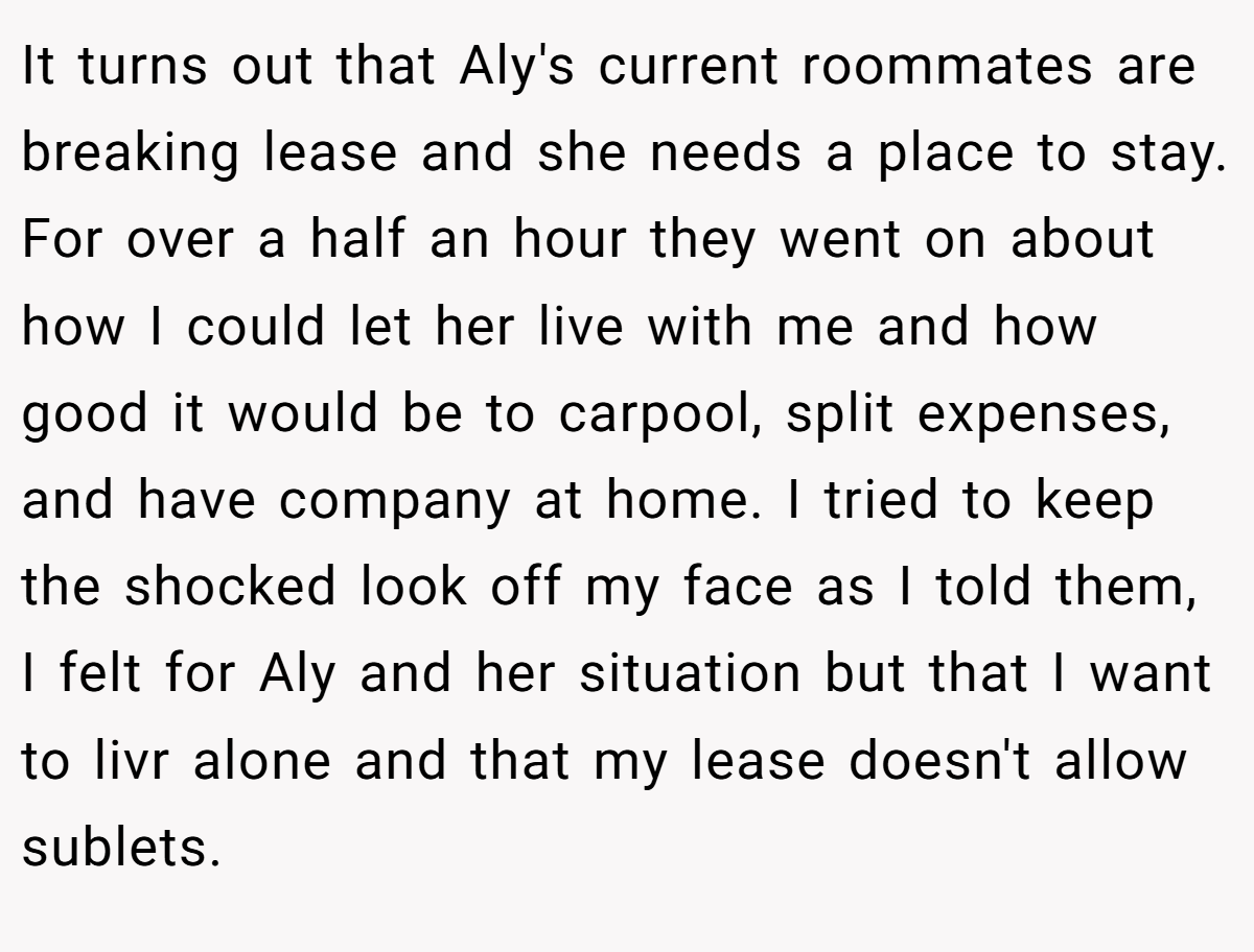 It turns out that Aly's current roommates are breaking lease and she needs a place to stay. For over a half an hour they went on about how I could let her live with me and how good it would be to carpool, split expenses, and have company at home. I tried to keep the shocked look off my face as I told them, I felt for Aly and her situation but that I want to livr alone and that my lease doesn't allow sublets.