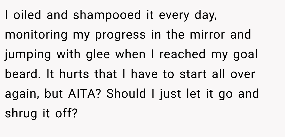 I oiled and shampooed it every day, monitoring my progress in the mirror and jumping with glee when I reached my goal beard. It hurts that I have to start all over again, but AITA? Should I just let it go and shrug it off?