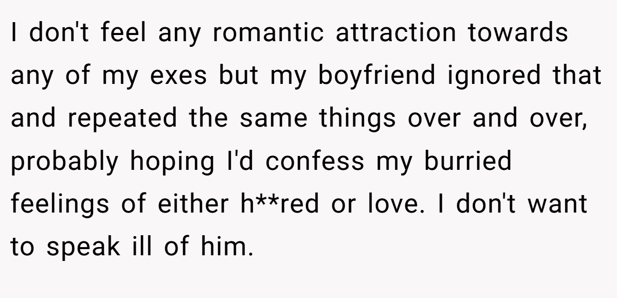 I don't feel any romantic attraction towards any of my exes but my boyfriend ignored that and repeated the same things over and over, probably hoping I'd confess my burried feelings of either h**red or love. I don't want to speak ill of him.