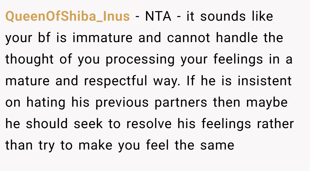 QueenOfShiba_Inus − NTA - it sounds like your bf is immature and cannot handle the thought of you processing your feelings in a mature and respectful way. If he is insistent on hating his previous partners then maybe he should seek to resolve his feelings rather than try to make you feel the same