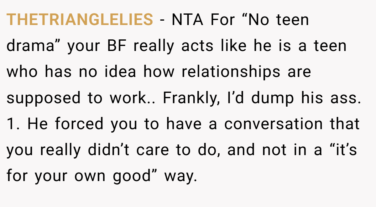THETRIANGLELIES − NTA For “No teen drama” your BF really acts like he is a teen who has no idea how relationships are supposed to work.. Frankly, I’d dump his ass. 1. He forced you to have a conversation that you really didn’t care to do, and not in a “it’s for your own good” way.