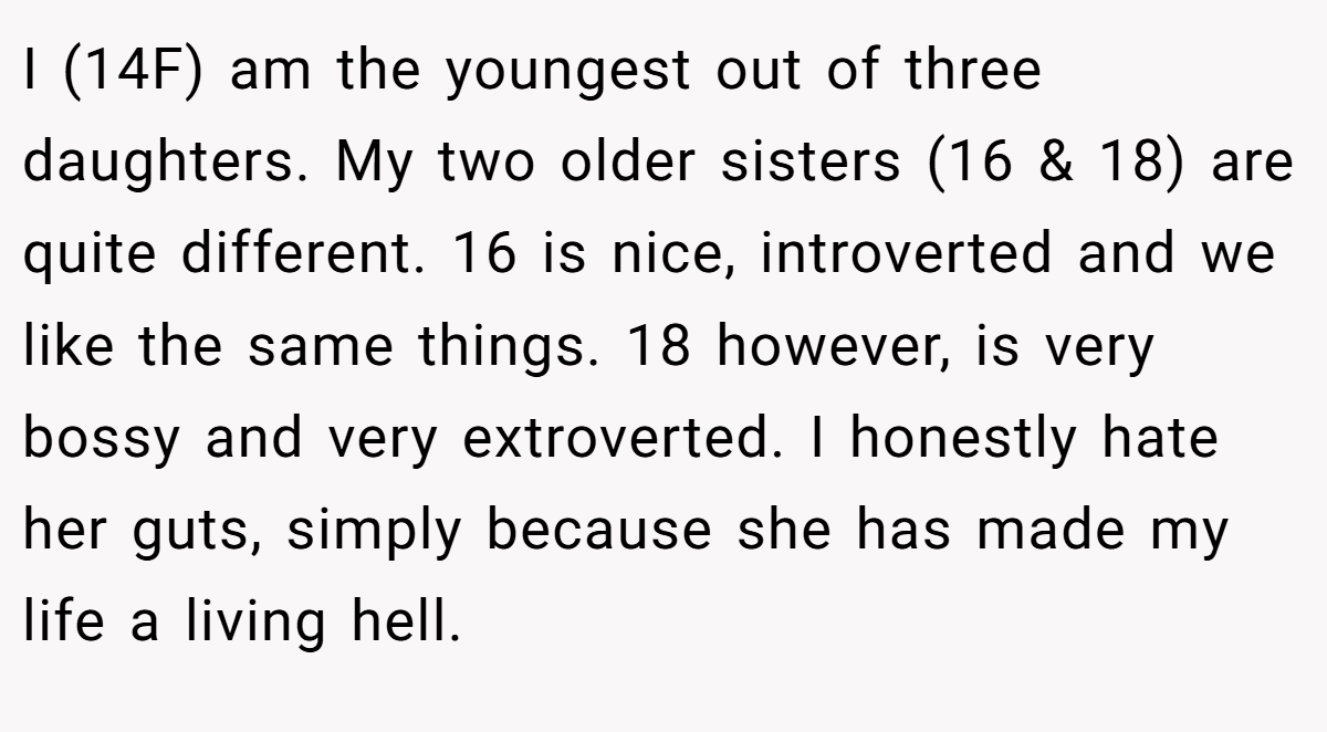 I (14F) am the youngest out of three daughters. My two older sisters (16 & 18) are quite different. 16 is nice, introverted and we like the same things. 18 however, is very bossy and very extroverted. I honestly hate her guts, simply because she has made my life a living hell.