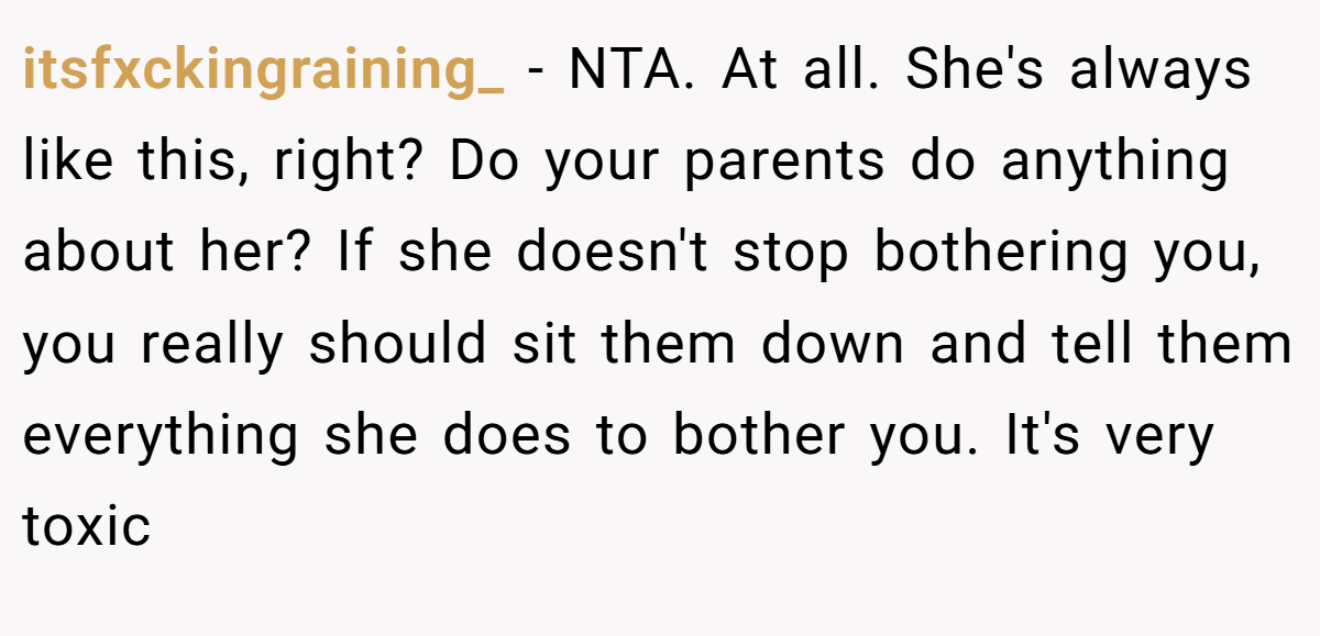 itsfxckingraining_ - NTA. At all. She's always like this, right? Do your parents do anything about her? If she doesn't stop bothering you, you really should sit them down and tell them everything she does to bother you. It's very toxic